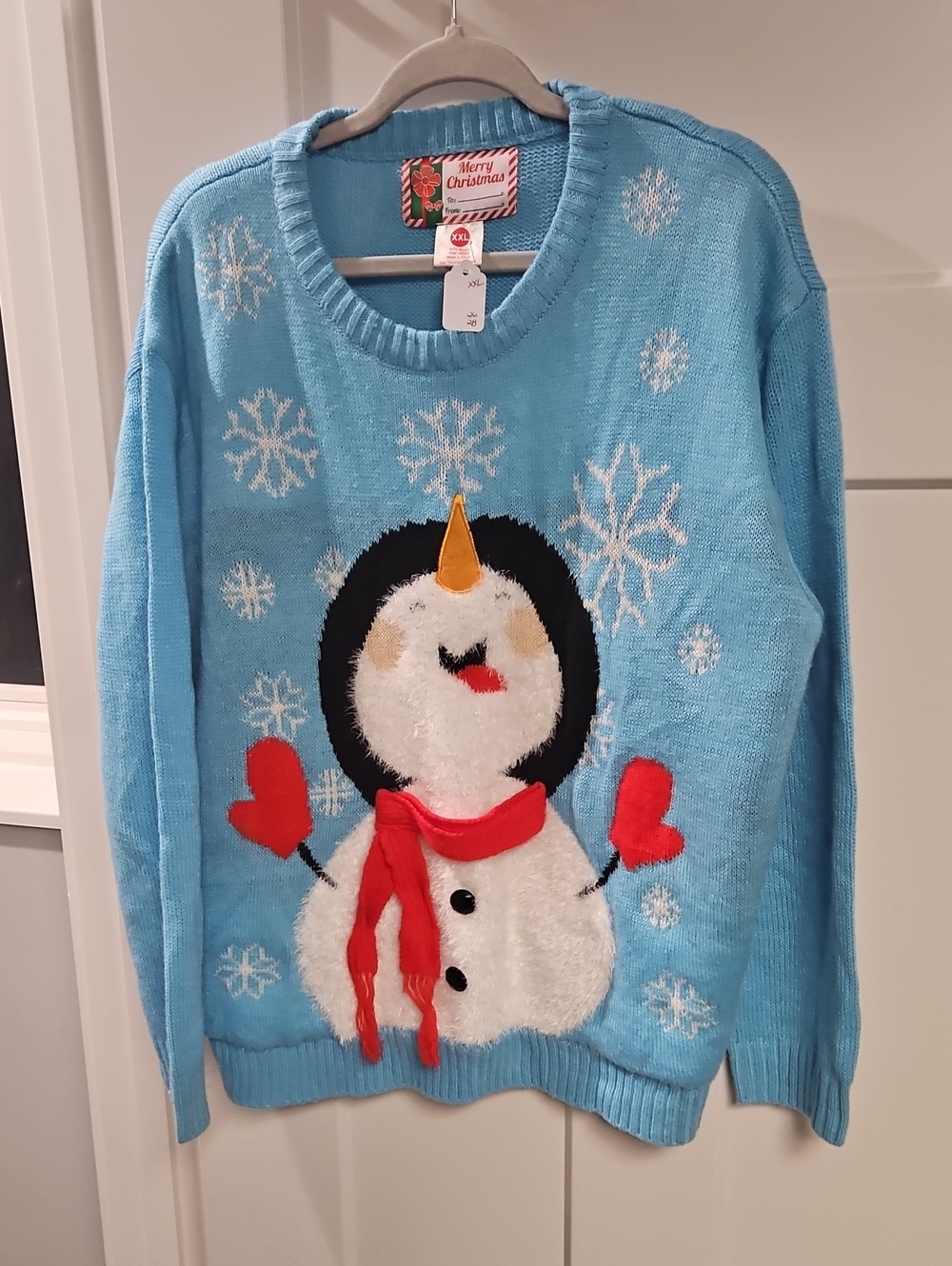 Merry Christmas Light Blue Penguin Crewneck Sweater with Red Accents